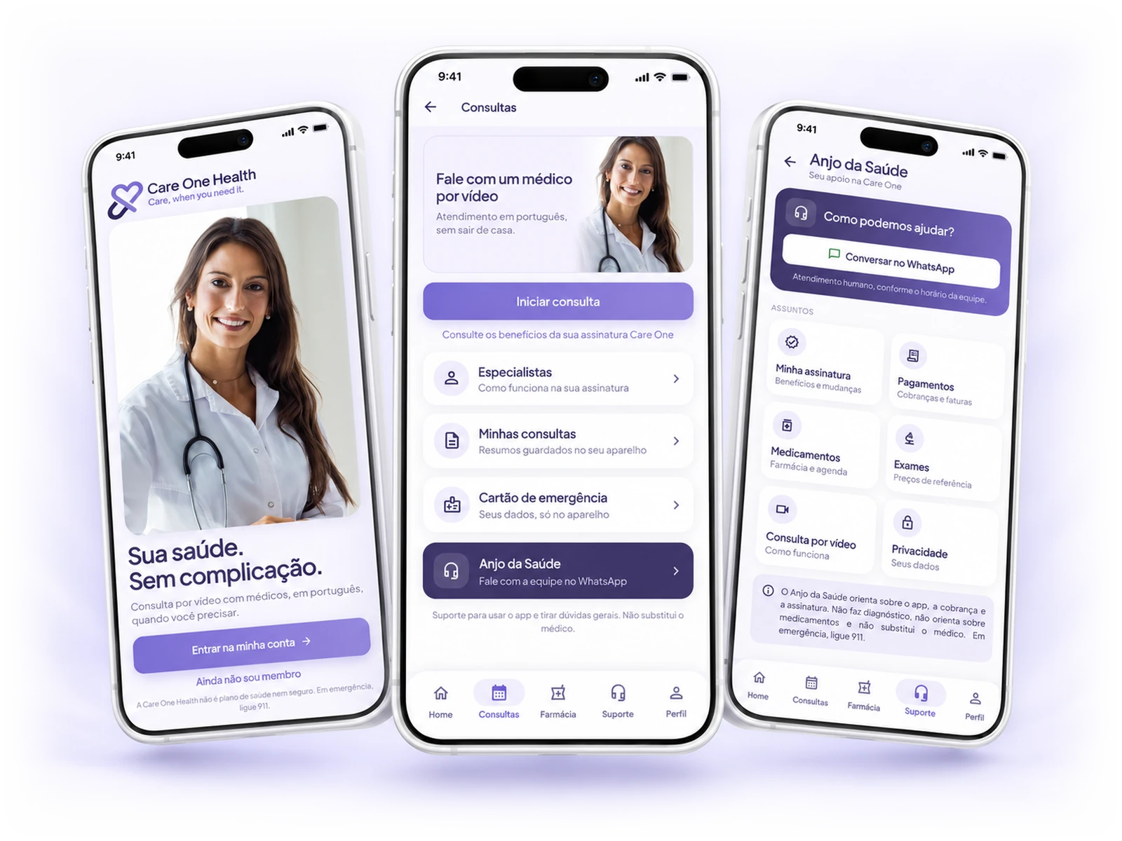 Telas do app Care One: boas vindas, consultas e suporte com o Anjo da Saúde