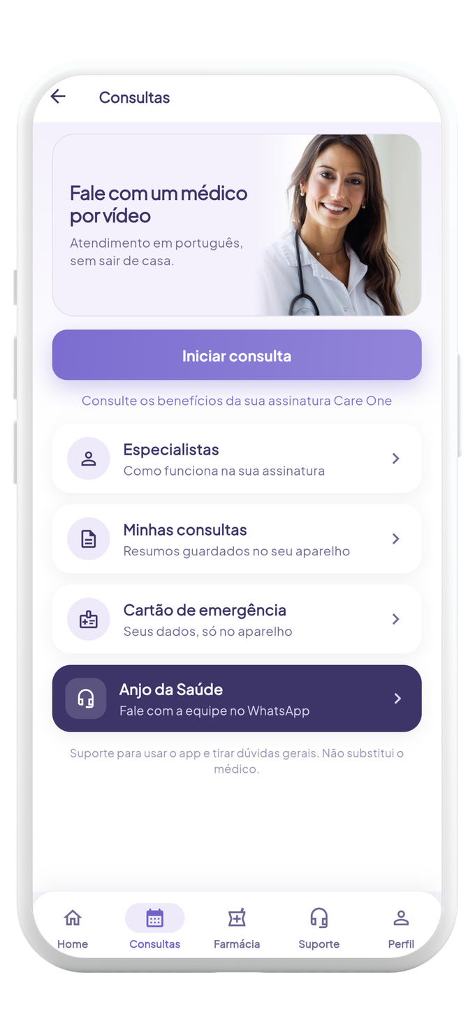 Tela de consultas do app Care One